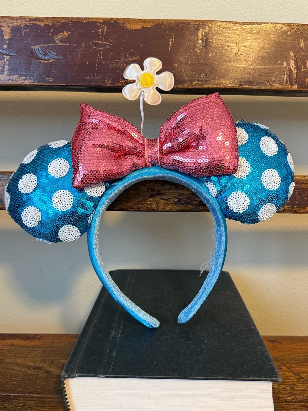 Disney Parks Minnie Mouse Ears Sequined Headband Blue Polka Dot Pink Bow Mickey - Picture 6 of 6
